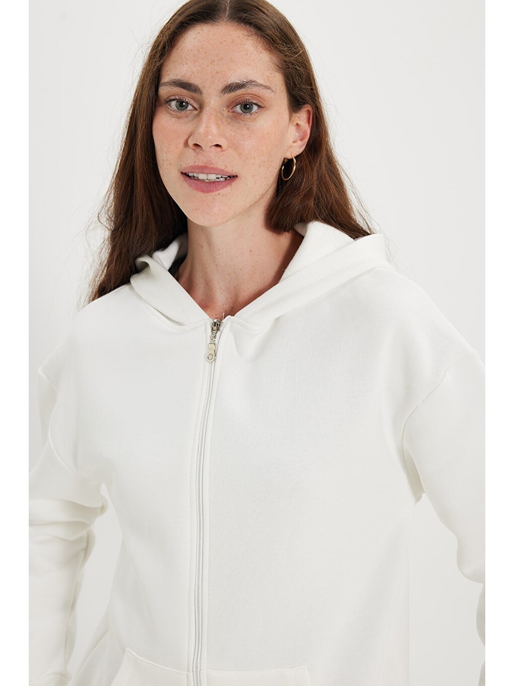 Kadın oversize Geniş Kesim %100 Pamuk Kapüşonlu Fermuarlı Cepli Ekru Sweatshirt-4