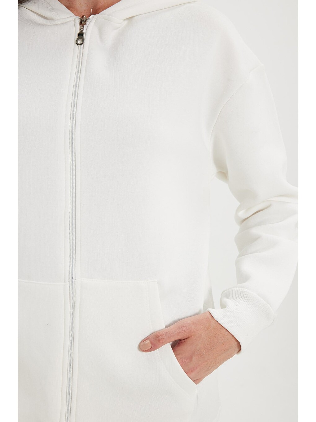 Kadın oversize Geniş Kesim %100 Pamuk Kapüşonlu Fermuarlı Cepli Ekru Sweatshirt-5