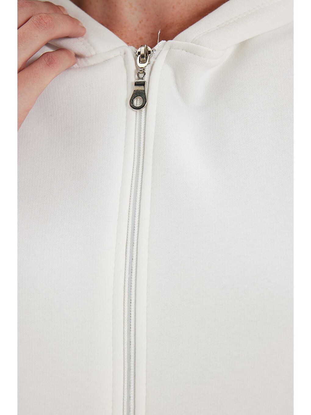 Kadın oversize Geniş Kesim %100 Pamuk Kapüşonlu Fermuarlı Cepli Ekru Sweatshirt-6