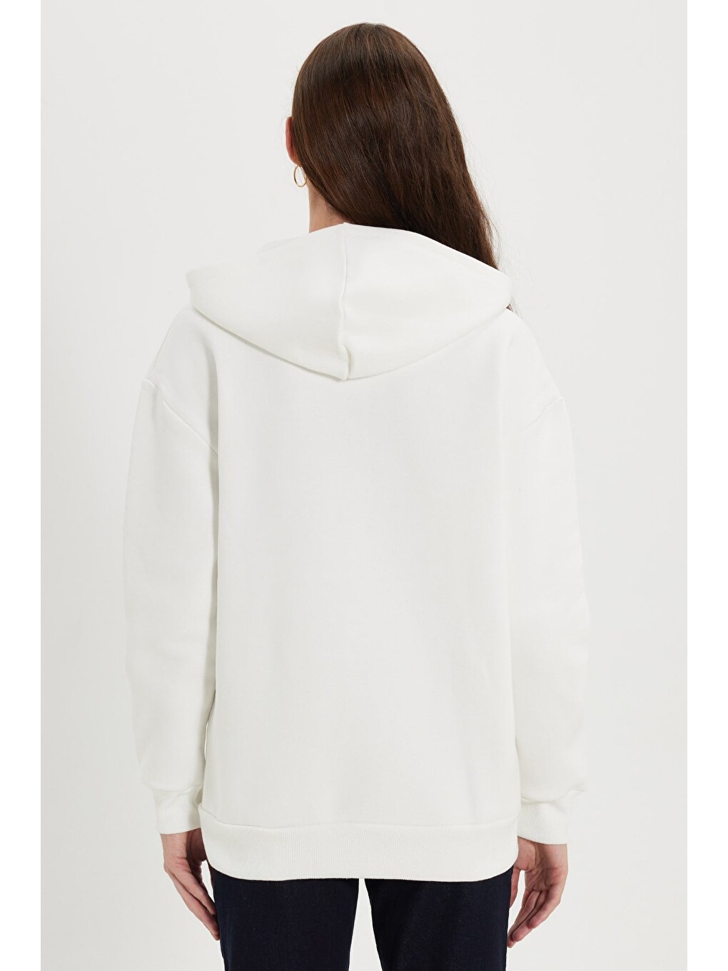 Kadın oversize Geniş Kesim %100 Pamuk Kapüşonlu Fermuarlı Cepli Ekru Sweatshirt-7