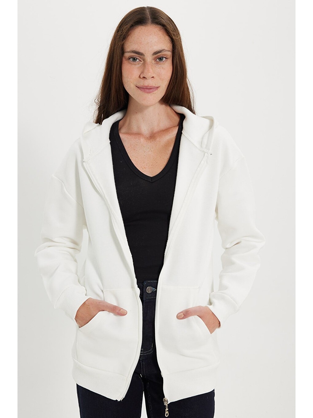 Kadın oversize Geniş Kesim %100 Pamuk Kapüşonlu Fermuarlı Cepli Ekru Sweatshirt-8