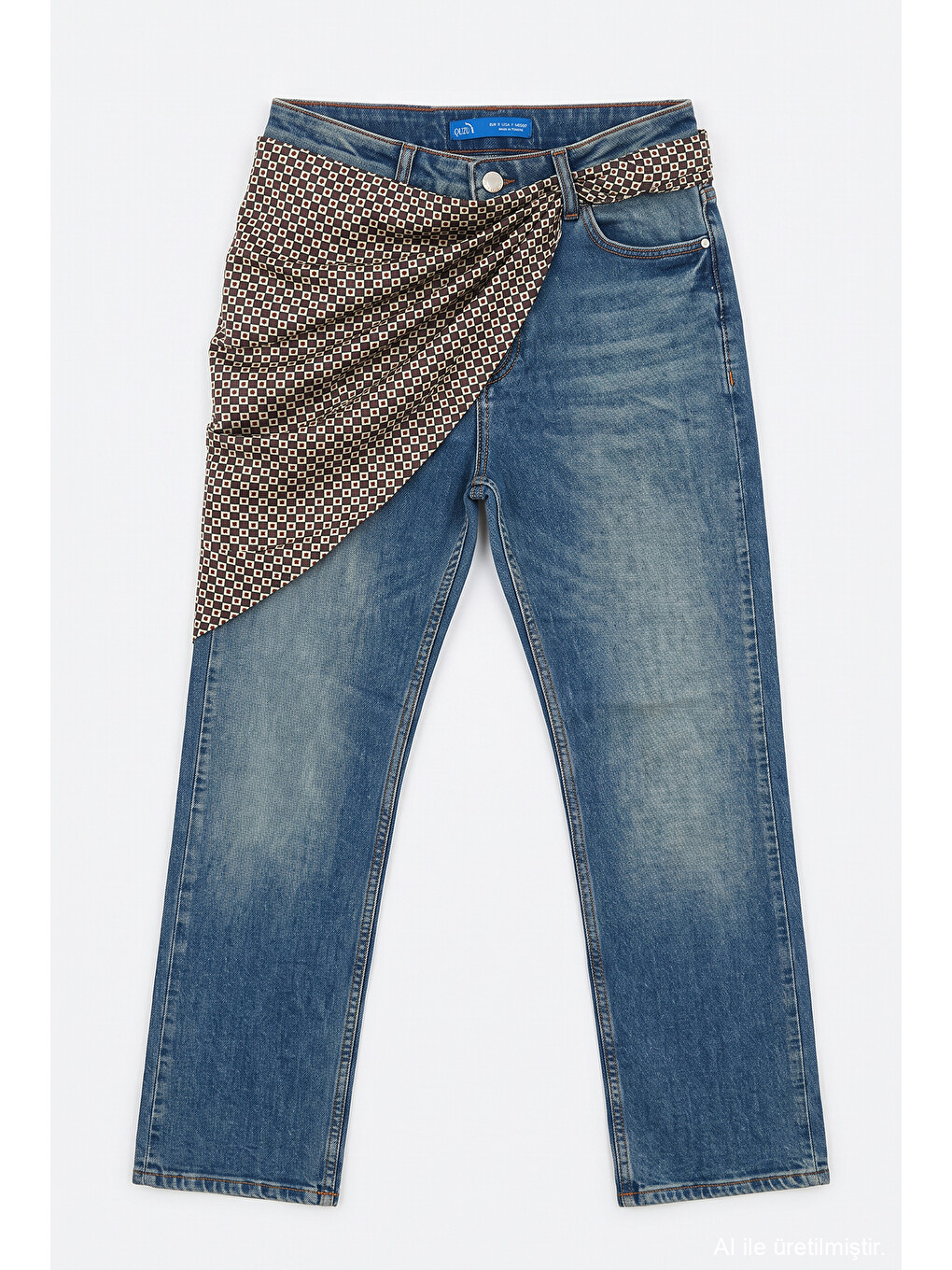 Fular Aksesuarlı Bol Paça Jean Pantolon Lacivert-1