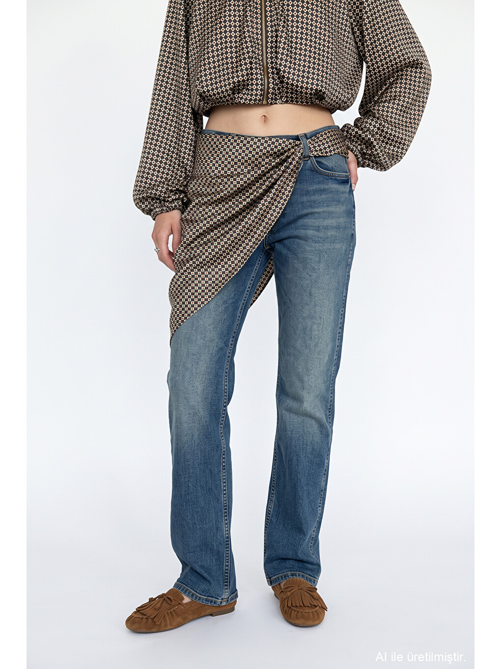 Fular Aksesuarlı Bol Paça Jean Pantolon Lacivert-2