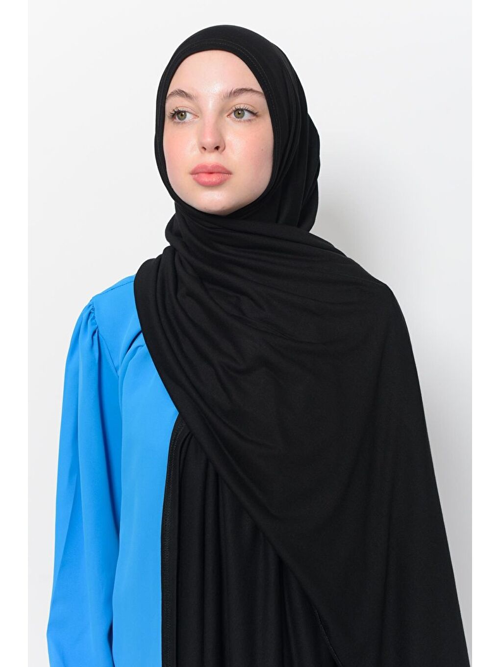 Siyah Hazır Pratik Geçmeli Lüks Organik Düz Penye Şal Eşit Hizalı-4