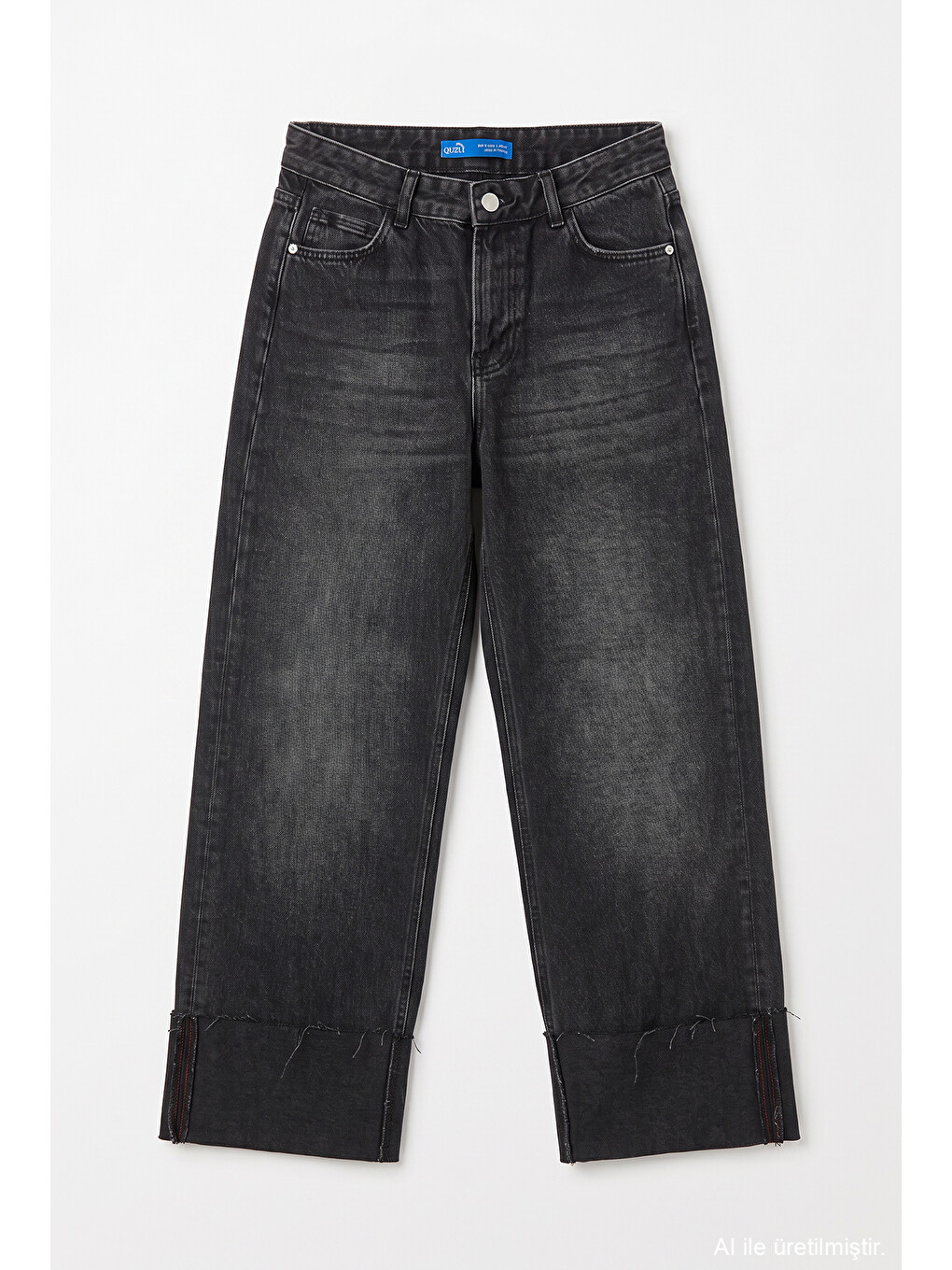 Katlamalı Paça Wide Leg Jean Pantolon Antrasit-1