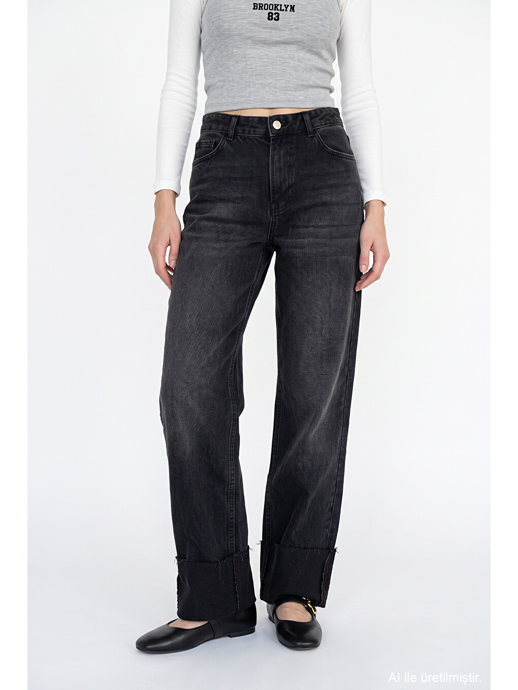 Katlamalı Paça Wide Leg Jean Pantolon Antrasit-2