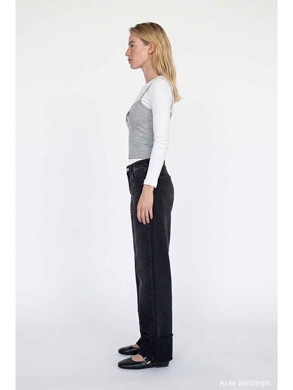 Katlamalı Paça Wide Leg Jean Pantolon Antrasit-3