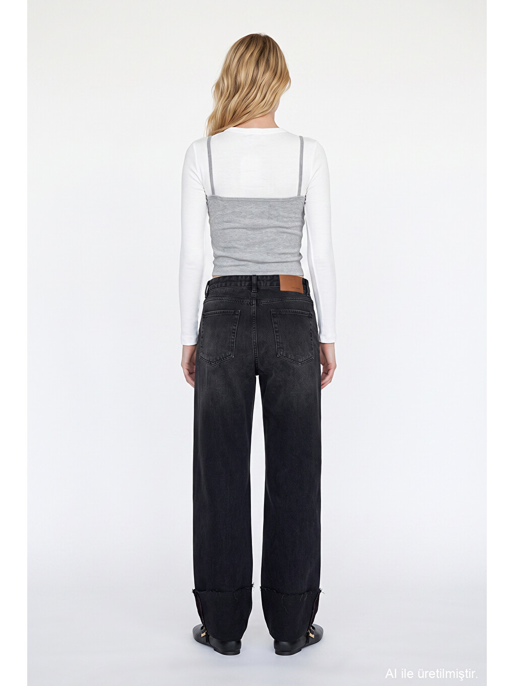 Katlamalı Paça Wide Leg Jean Pantolon Antrasit-4