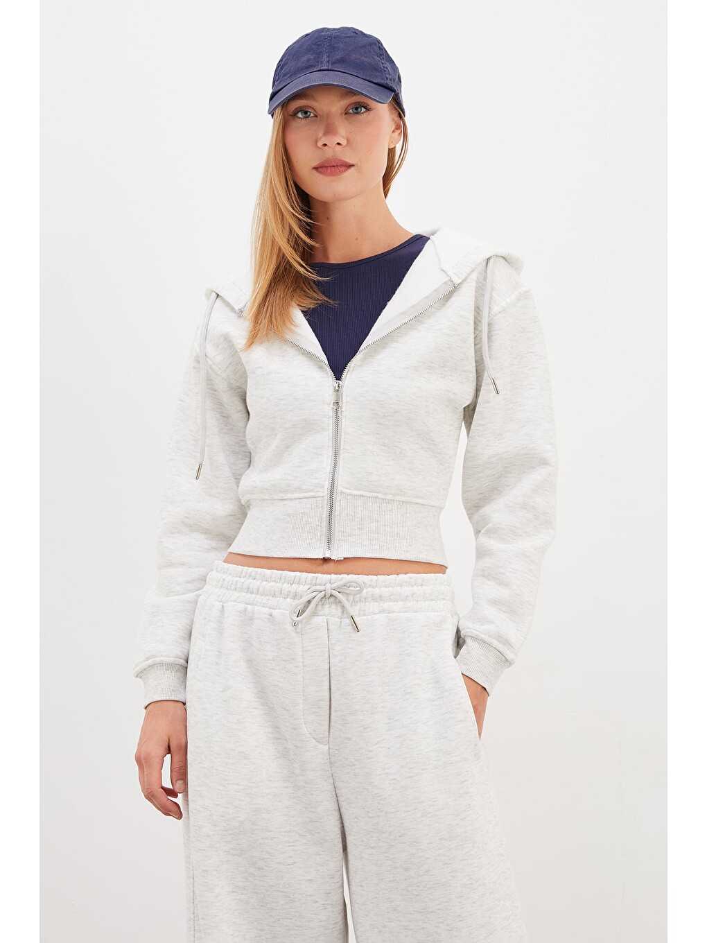 Gri 3 İplik Basic Kapüşonlu Fermuarlı Sweatshirt-1