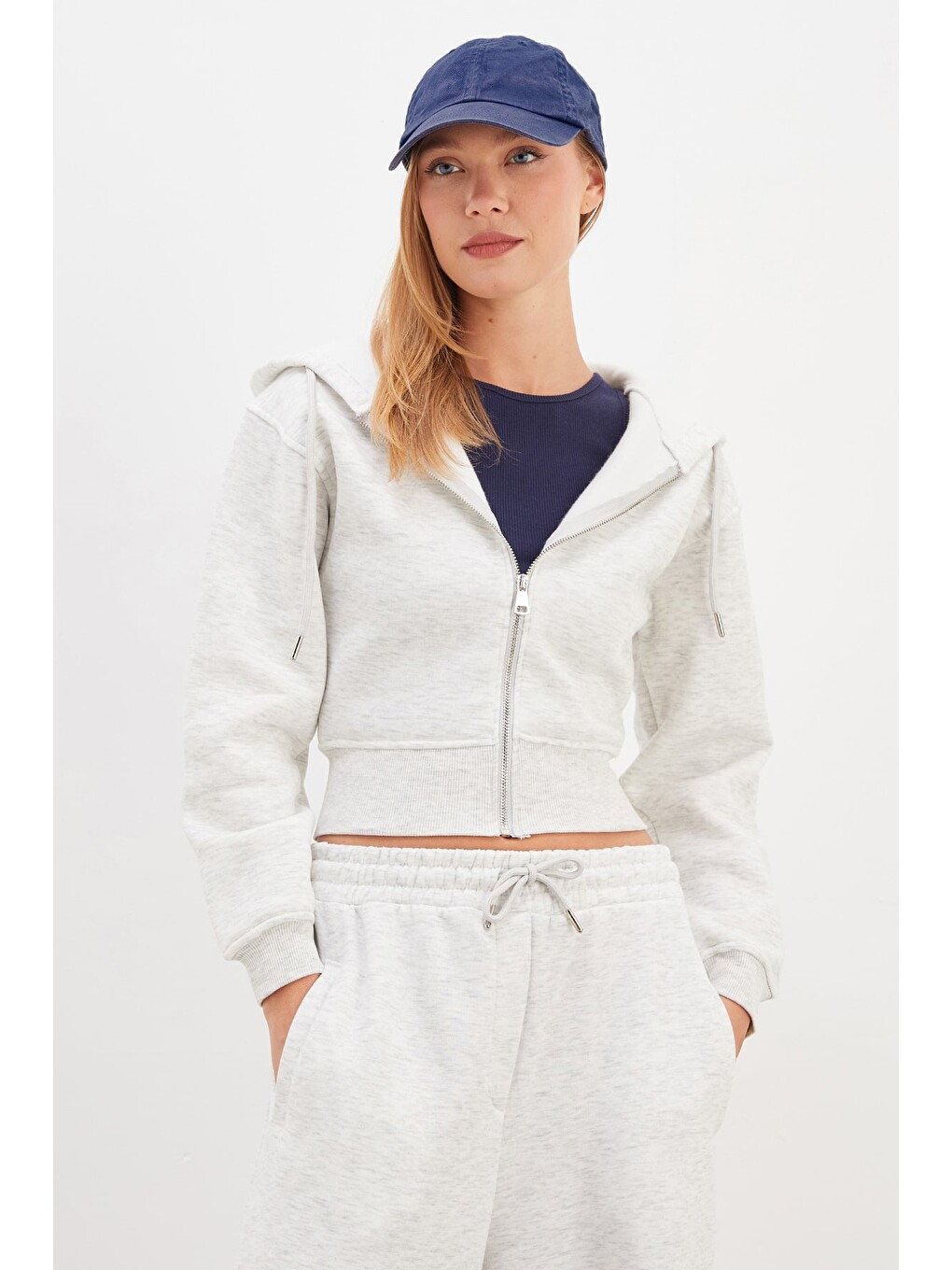Gri 3 İplik Basic Kapüşonlu Fermuarlı Sweatshirt-2