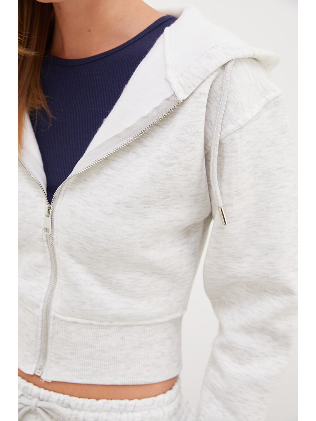 Gri 3 İplik Basic Kapüşonlu Fermuarlı Sweatshirt-4