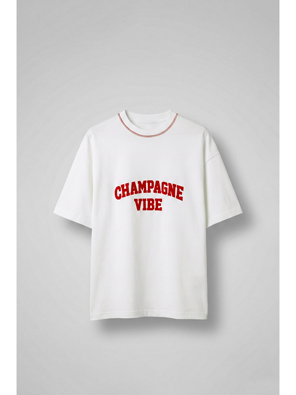 Erkek Oversize Premium Kontrast Yaka Baskılı T-Shirt Ekru