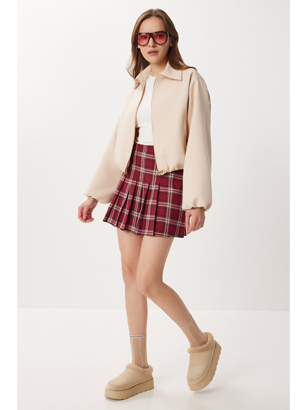 Bordo Kareli Pileli Mini Dokuma Etek BORDO LDN0001-1