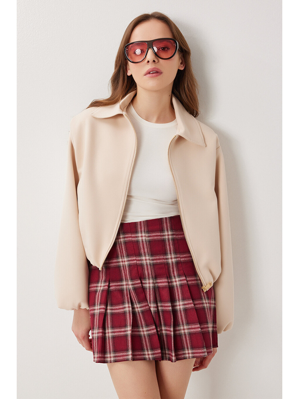 Bordo Kareli Pileli Mini Dokuma Etek BORDO LDN0001-2
