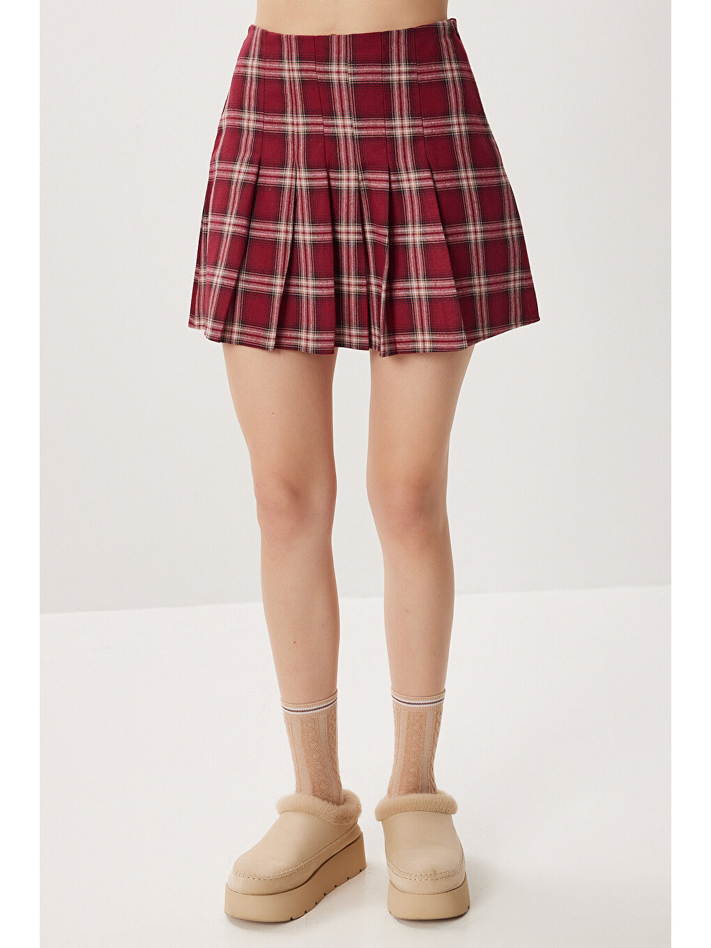 Bordo Kareli Pileli Mini Dokuma Etek BORDO LDN0001-3