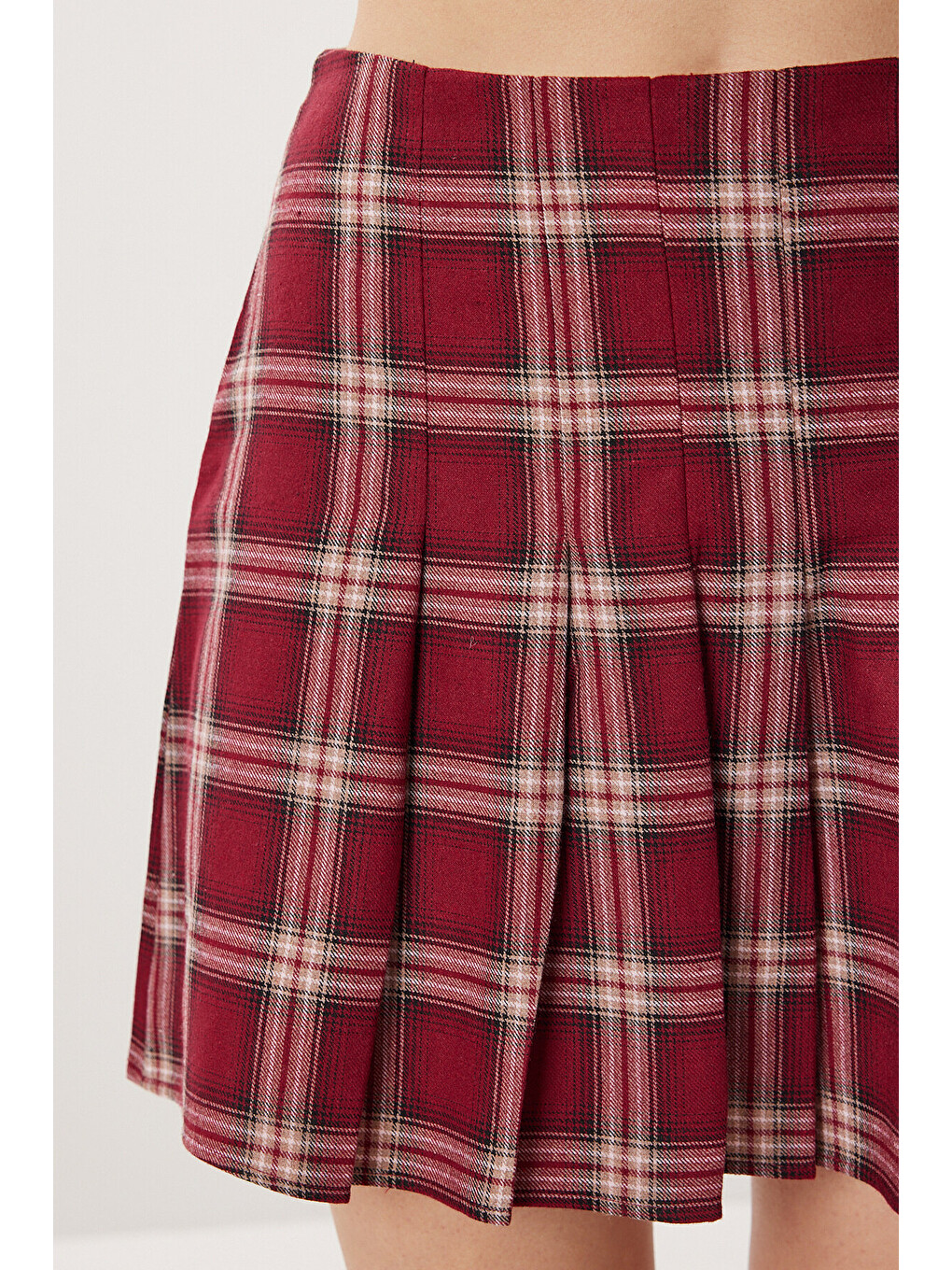 Bordo Kareli Pileli Mini Dokuma Etek BORDO LDN0001-4