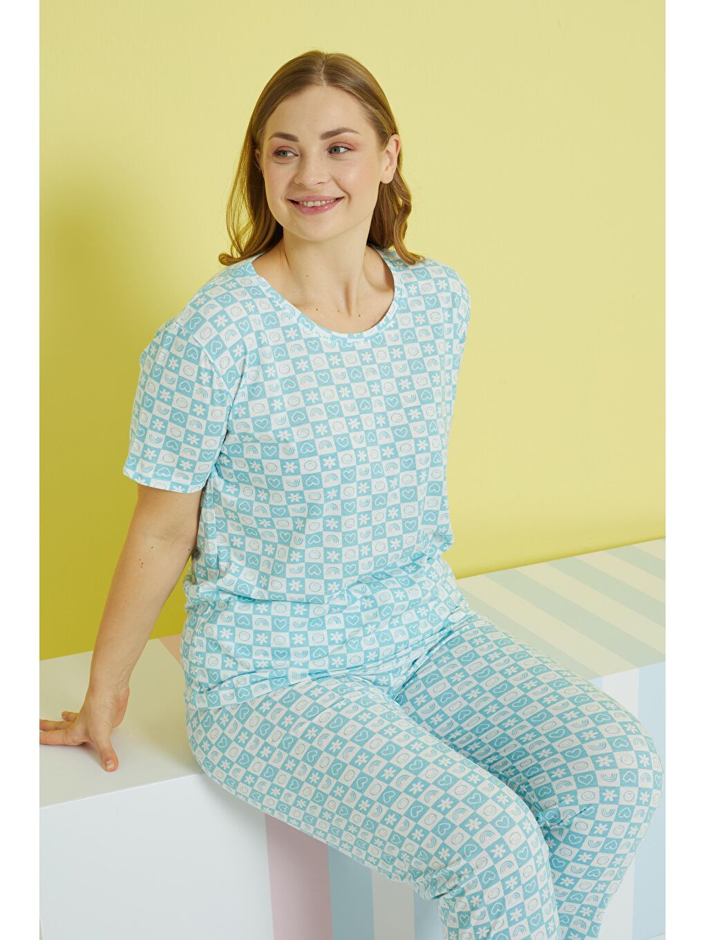 SİYAH İNCİ Yeşil mint yeşili Curve Büyük Beden Battal Boy Örme Pijama Takımı - 1