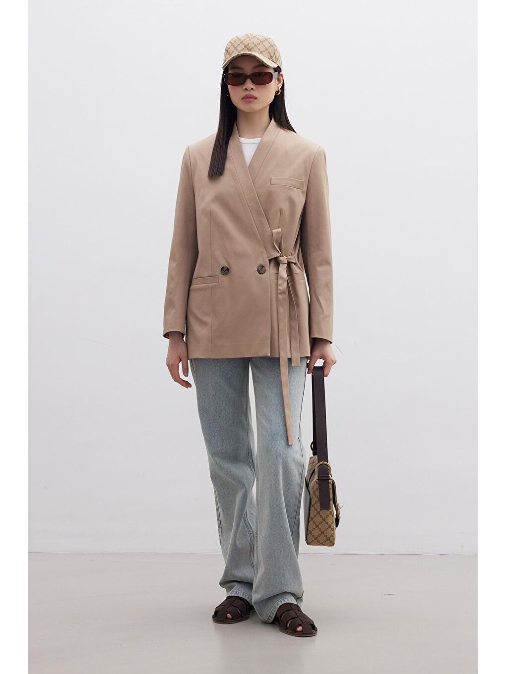 Kahverengi Kruvaze Bağlamalı Blazer Camel