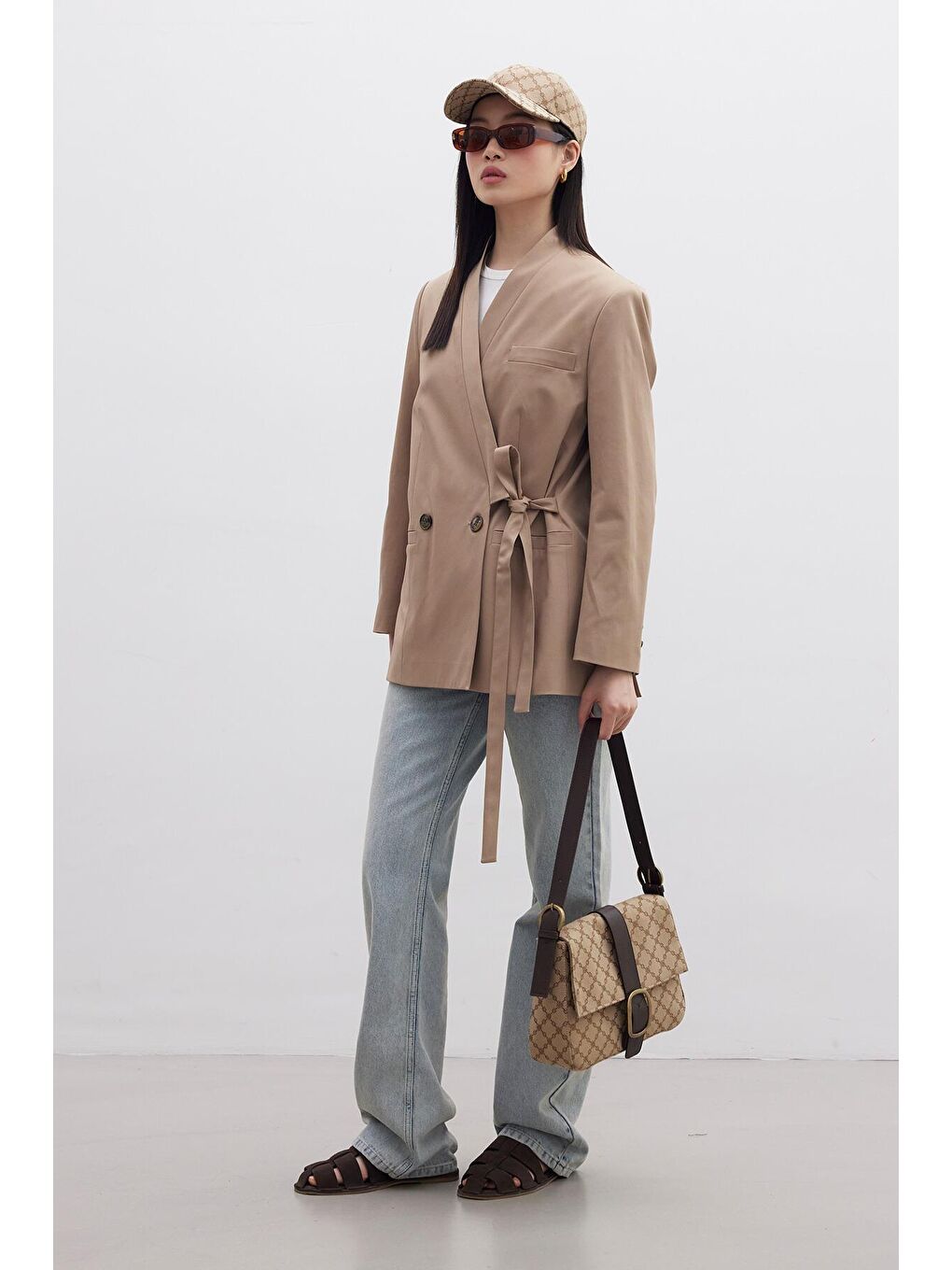 Kahverengi Kruvaze Bağlamalı Blazer Camel-1