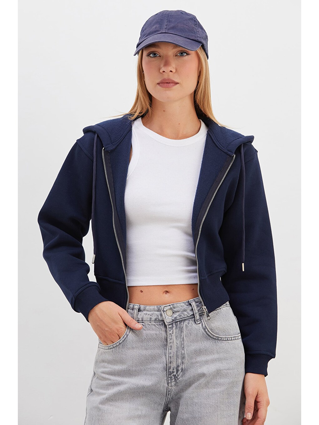 Lacivert 3 İplik Basic Kapüşonlu Fermuarlı Sweatshirt