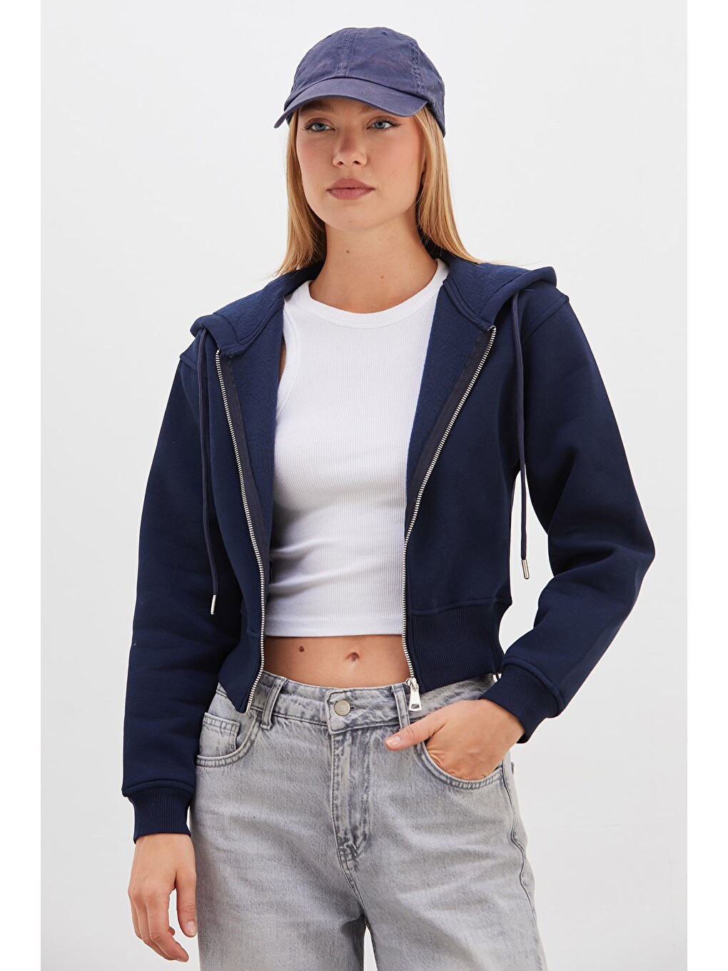 Lacivert 3 İplik Basic Kapüşonlu Fermuarlı Sweatshirt-1