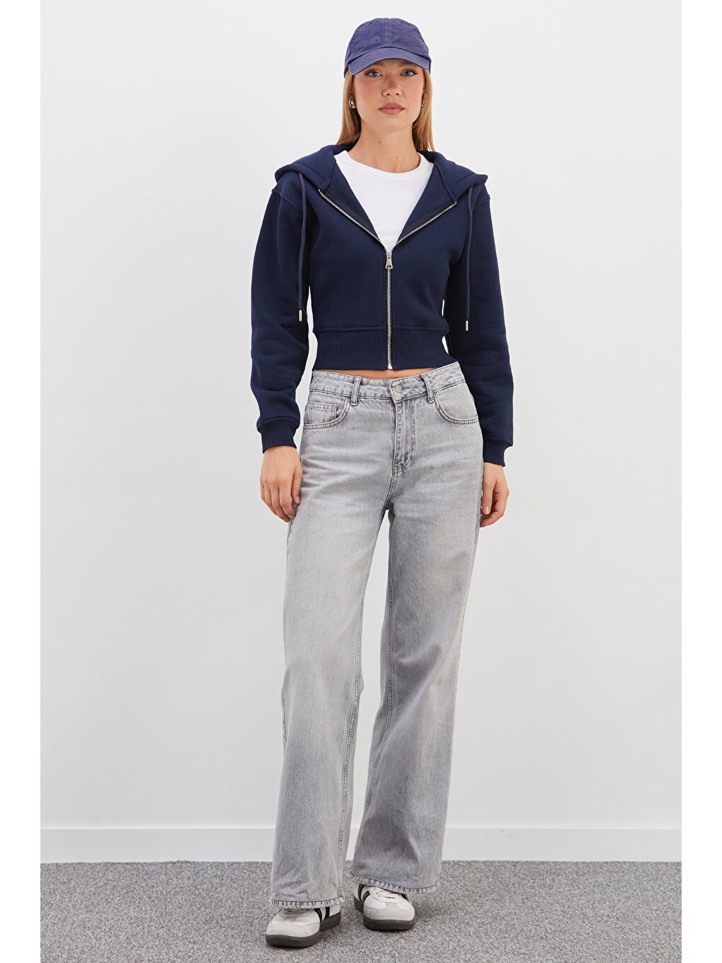 Lacivert 3 İplik Basic Kapüşonlu Fermuarlı Sweatshirt-2