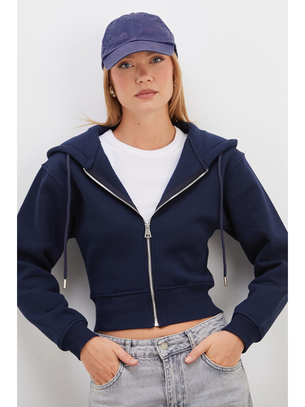 Lacivert 3 İplik Basic Kapüşonlu Fermuarlı Sweatshirt-3