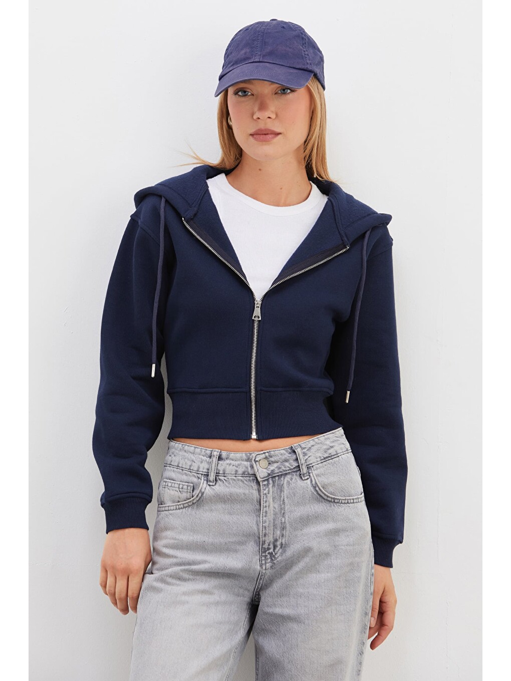 Lacivert 3 İplik Basic Kapüşonlu Fermuarlı Sweatshirt-4