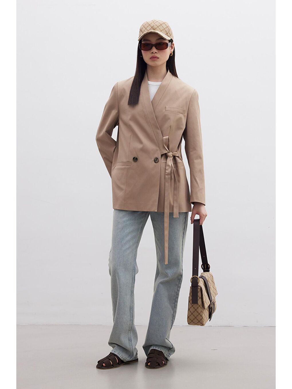 Kahverengi Kruvaze Bağlamalı Blazer Camel-2