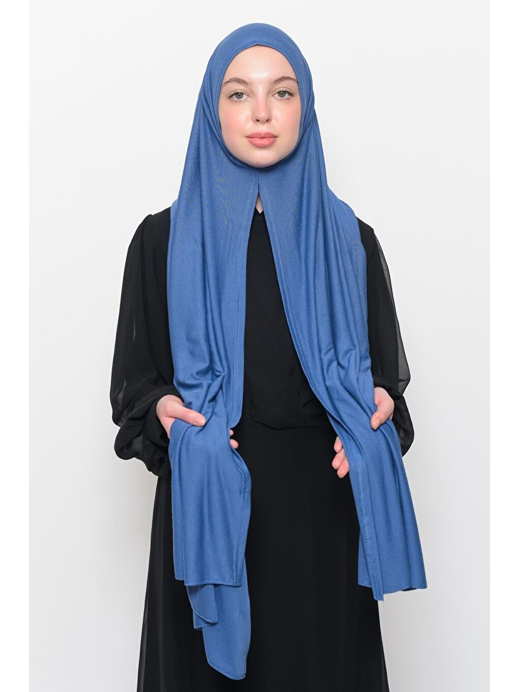 Mavi Hazır Pratik Geçmeli Lüks Organik Düz Penye Şal Eşit Hizalı-1
