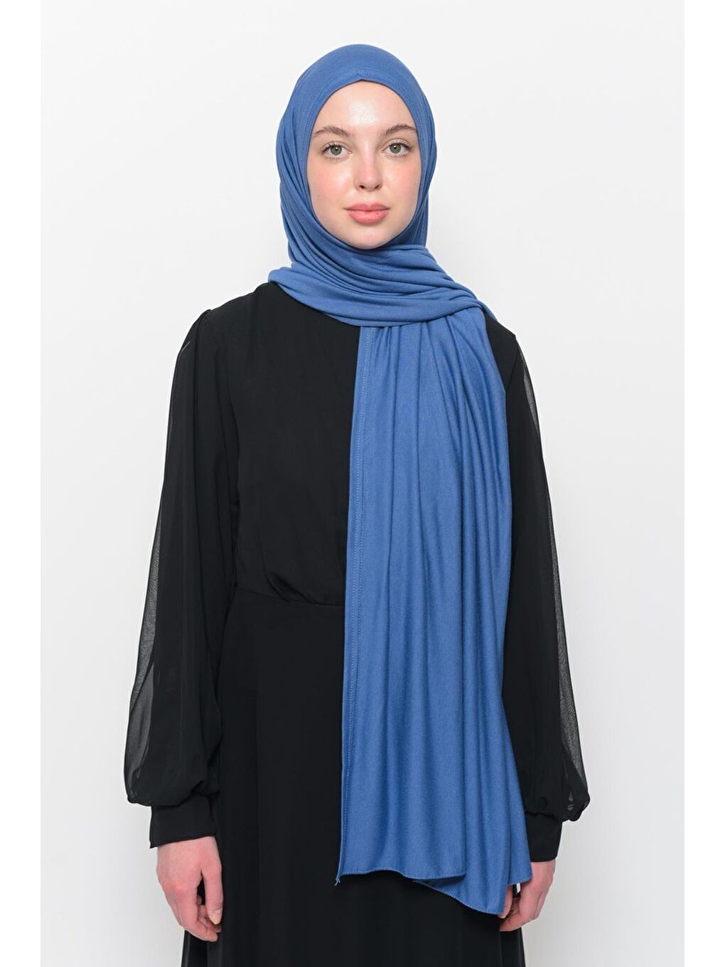 Mavi Hazır Pratik Geçmeli Lüks Organik Düz Penye Şal Eşit Hizalı-3