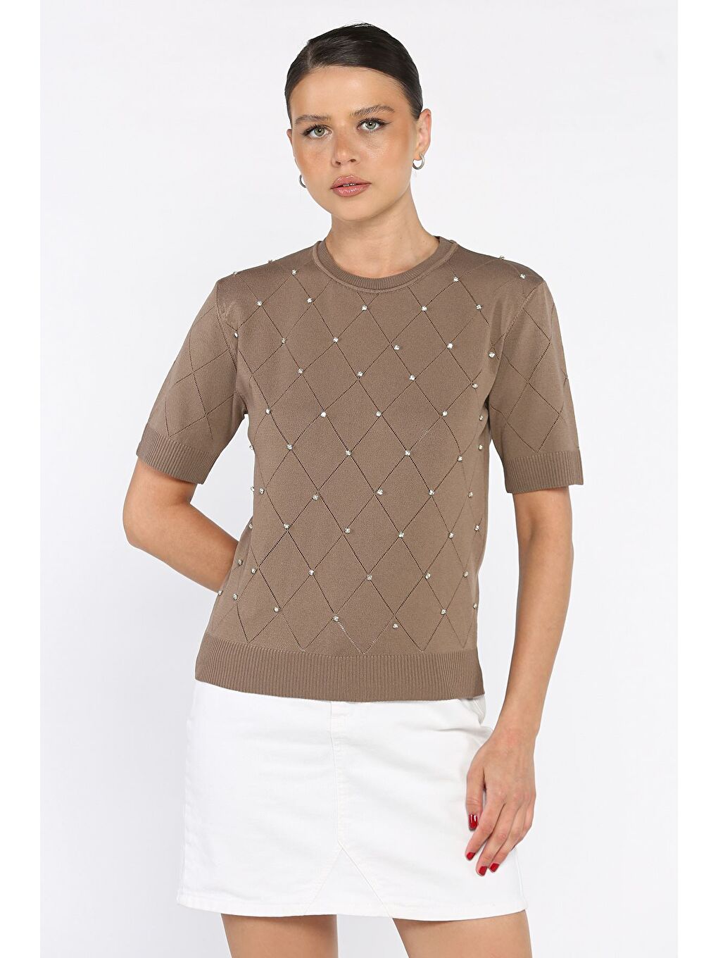 Bej Kendinden Desenli Taşlı Kadın Bluz-1