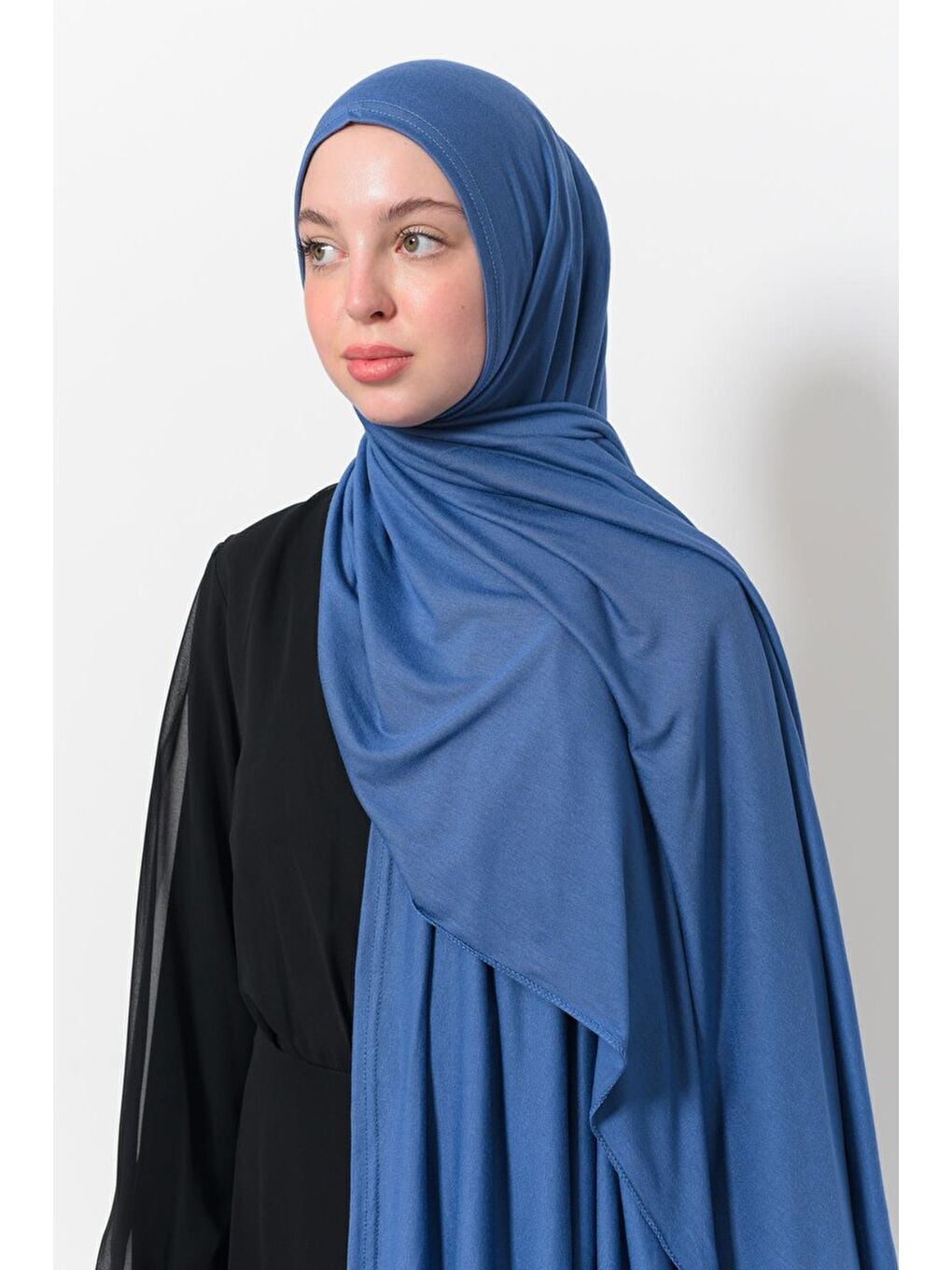 Mavi Hazır Pratik Geçmeli Lüks Organik Düz Penye Şal Eşit Hizalı-4