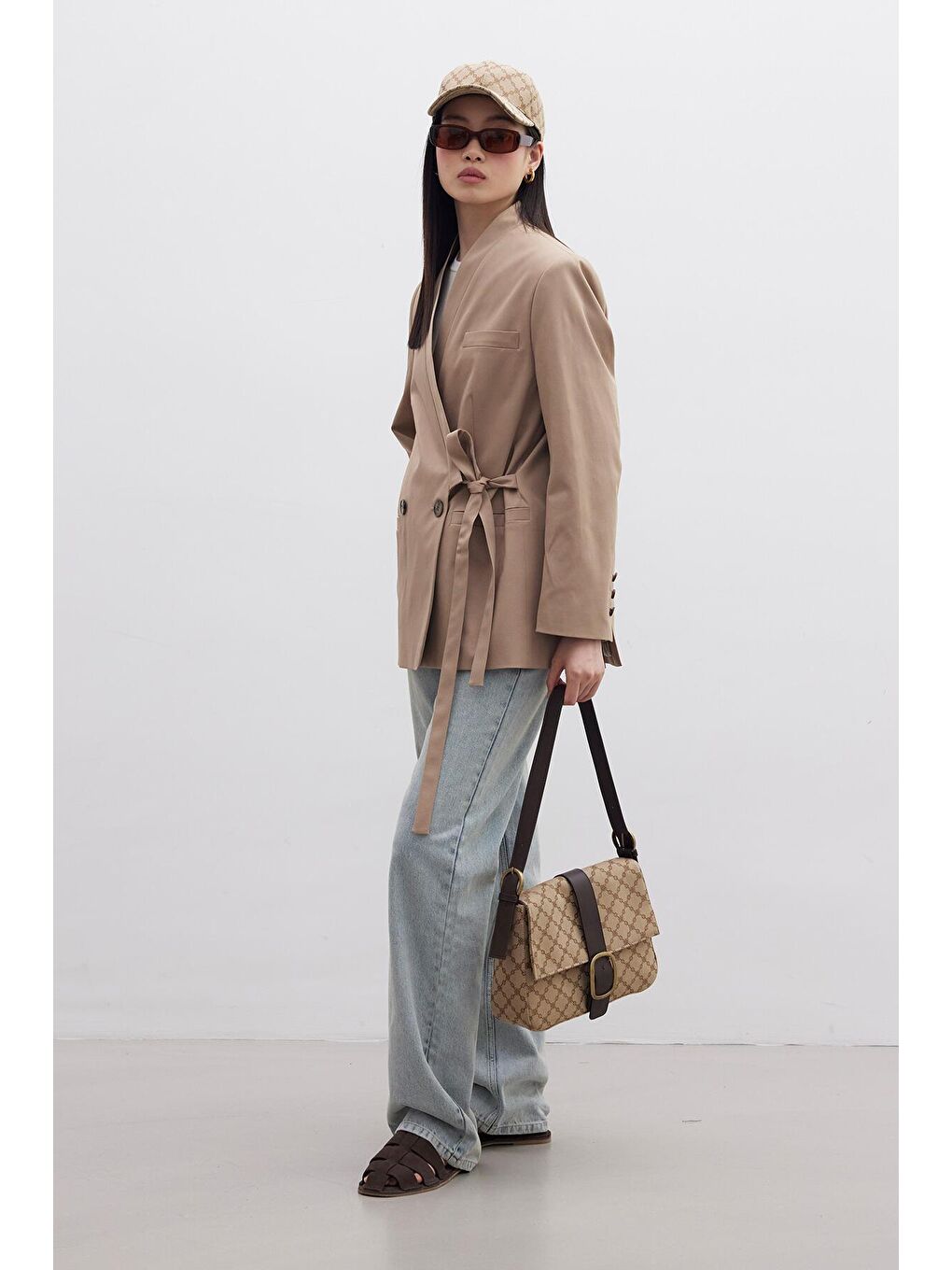 Kahverengi Kruvaze Bağlamalı Blazer Camel-3