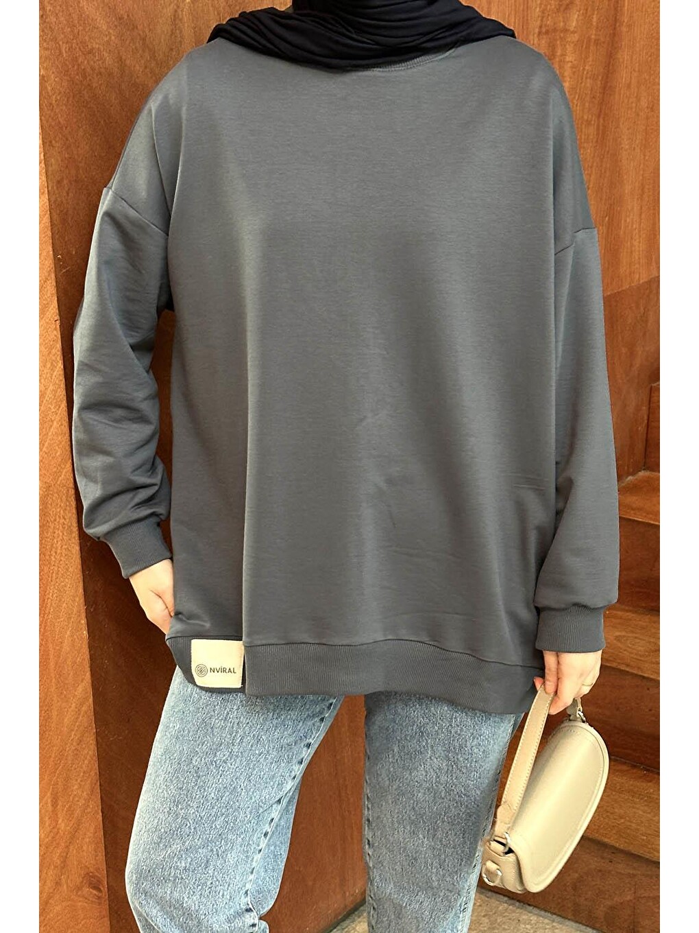 Etiket Detaylı Oversize Sweatshirt Antrasit-2