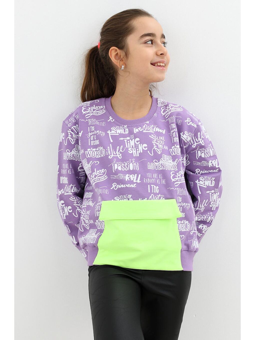 Mor Kız Çocuk Yazı Baskılı Cepli Sweatshirt 9-14 Yaş 14122