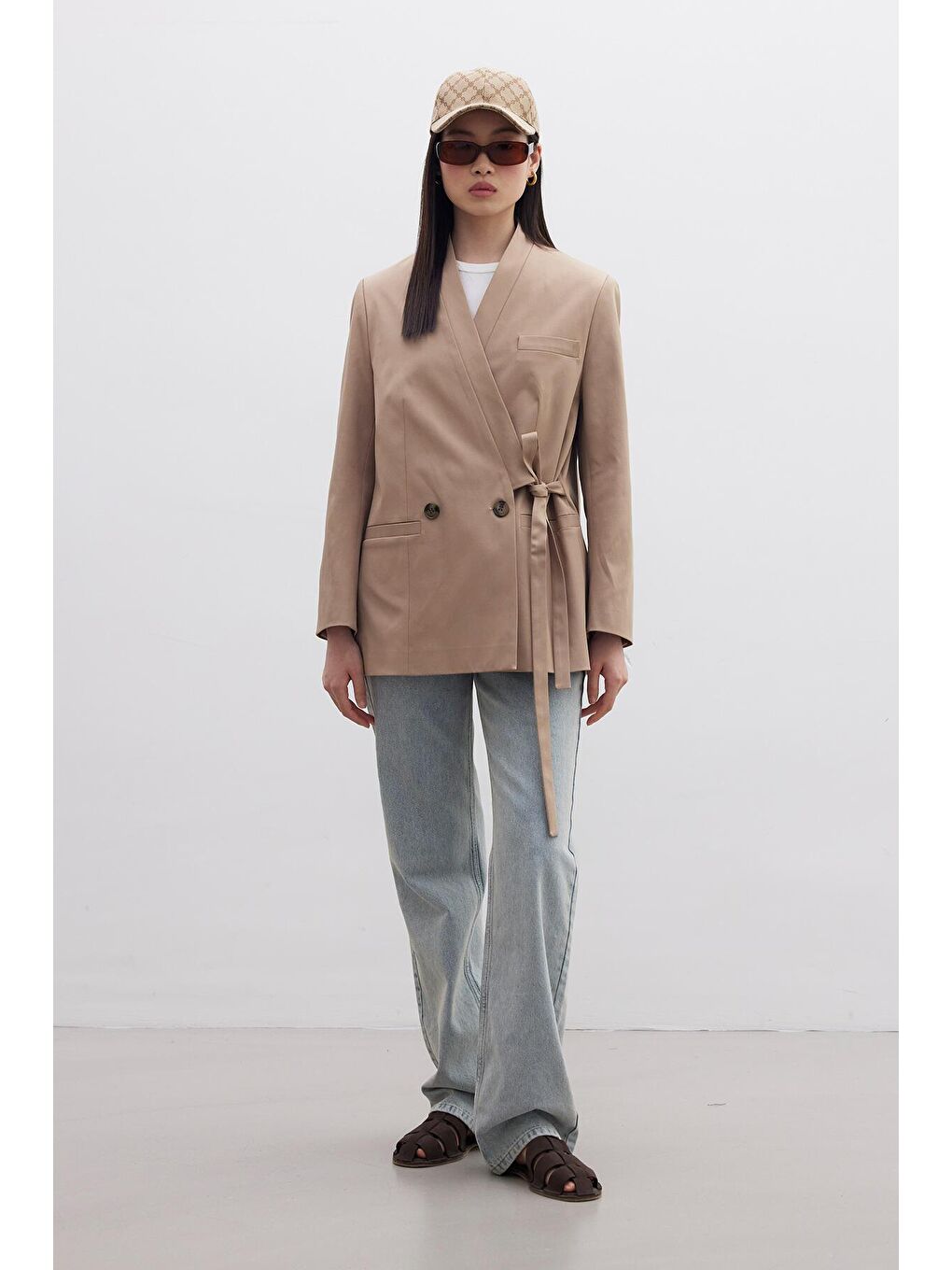 Kahverengi Kruvaze Bağlamalı Blazer Camel-4