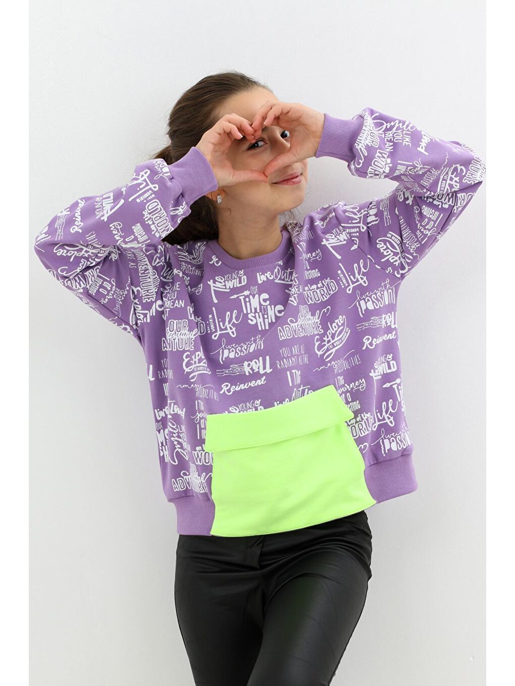 Mor Kız Çocuk Yazı Baskılı Cepli Sweatshirt 9-14 Yaş 14122-1