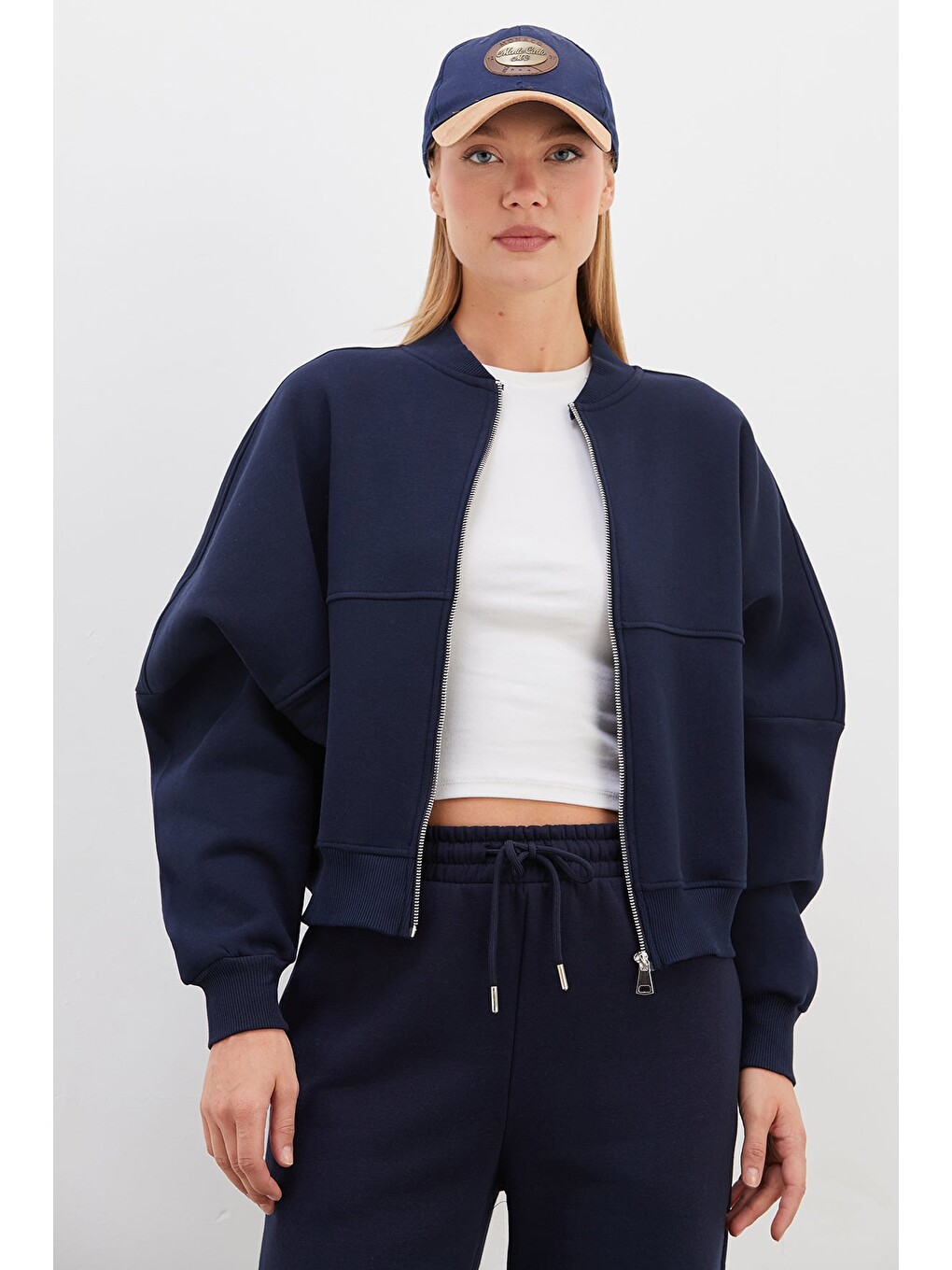 Lacivert 3 İplik Basic Fermuarlı Dik Yaka Crop Sweatshirt-1
