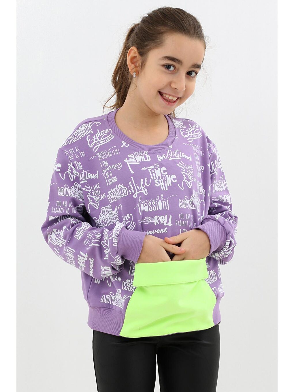 Mor Kız Çocuk Yazı Baskılı Cepli Sweatshirt 9-14 Yaş 14122-2