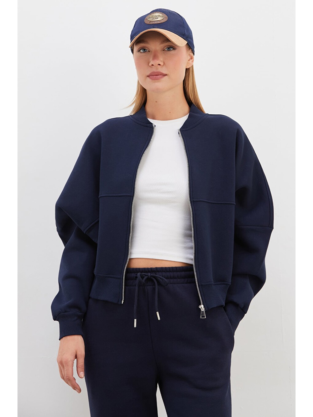 Lacivert 3 İplik Basic Fermuarlı Dik Yaka Crop Sweatshirt-2