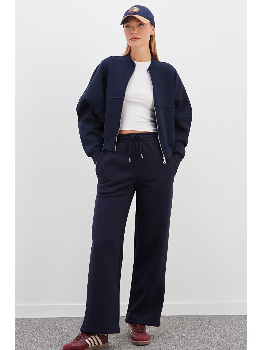 Lacivert 3 İplik Basic Fermuarlı Dik Yaka Crop Sweatshirt-3