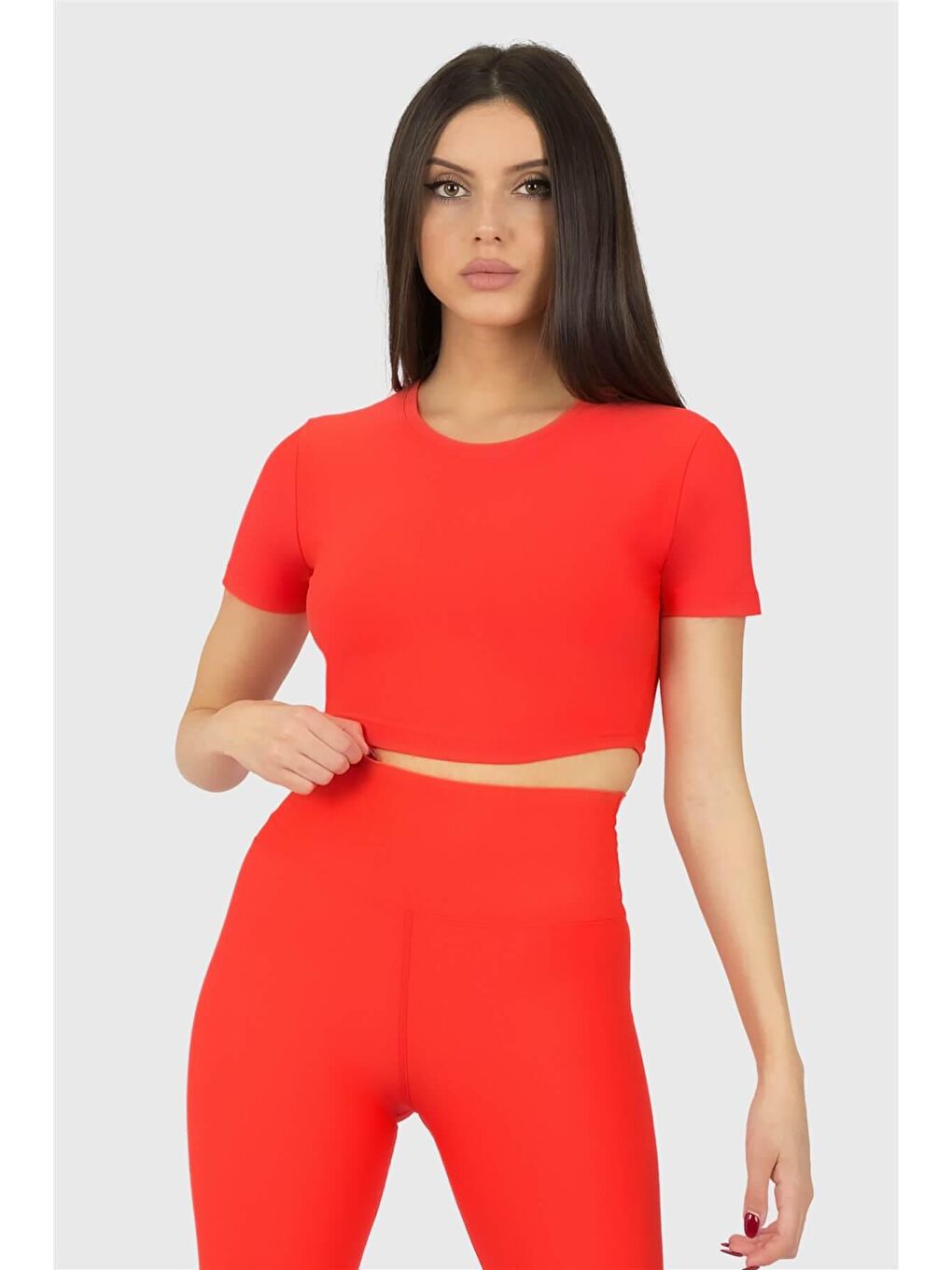 Superstacy Narçiçeği Kısa Kol Spor Nar Çiçeği Crop Top