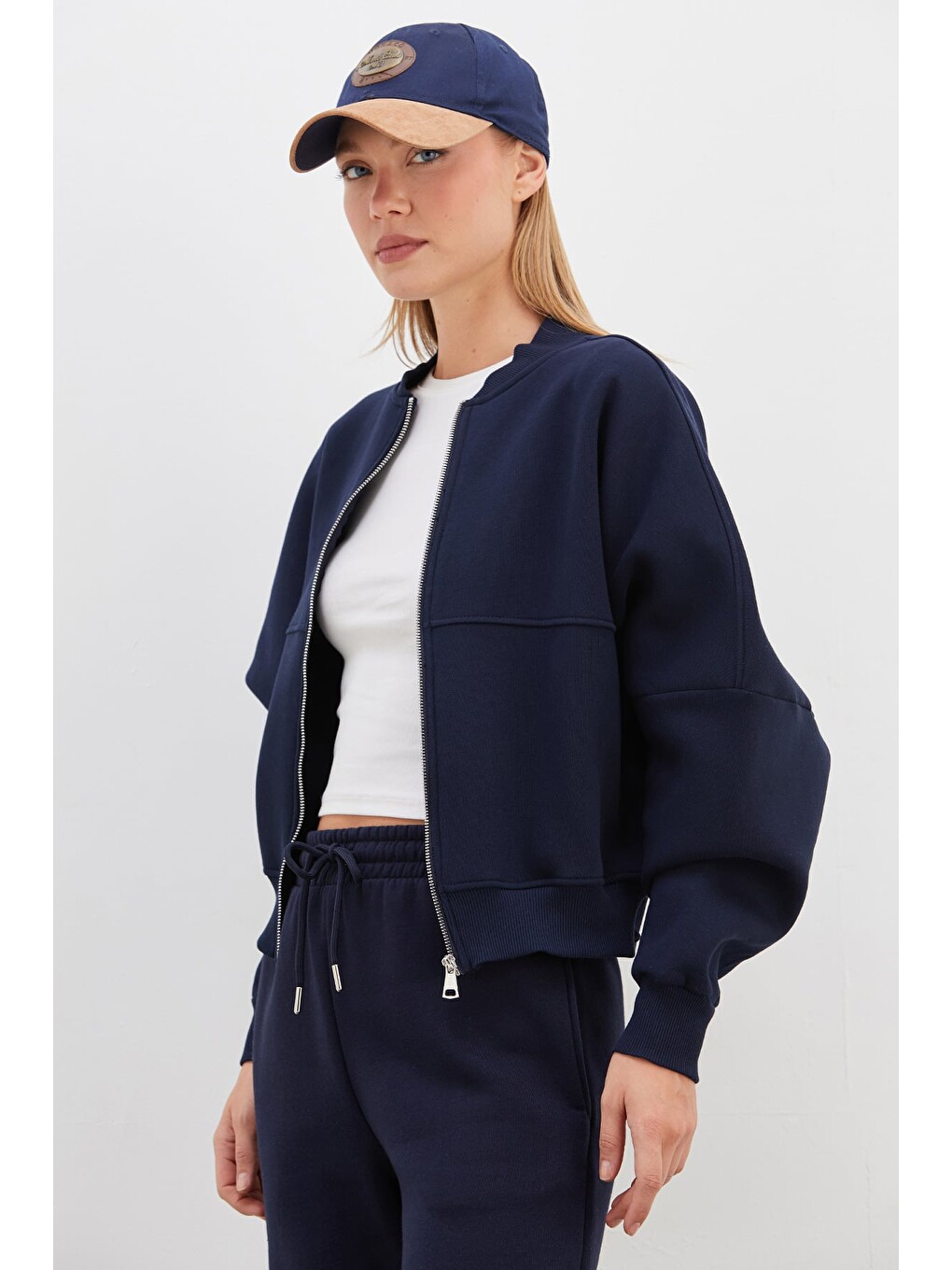 Lacivert 3 İplik Basic Fermuarlı Dik Yaka Crop Sweatshirt-4