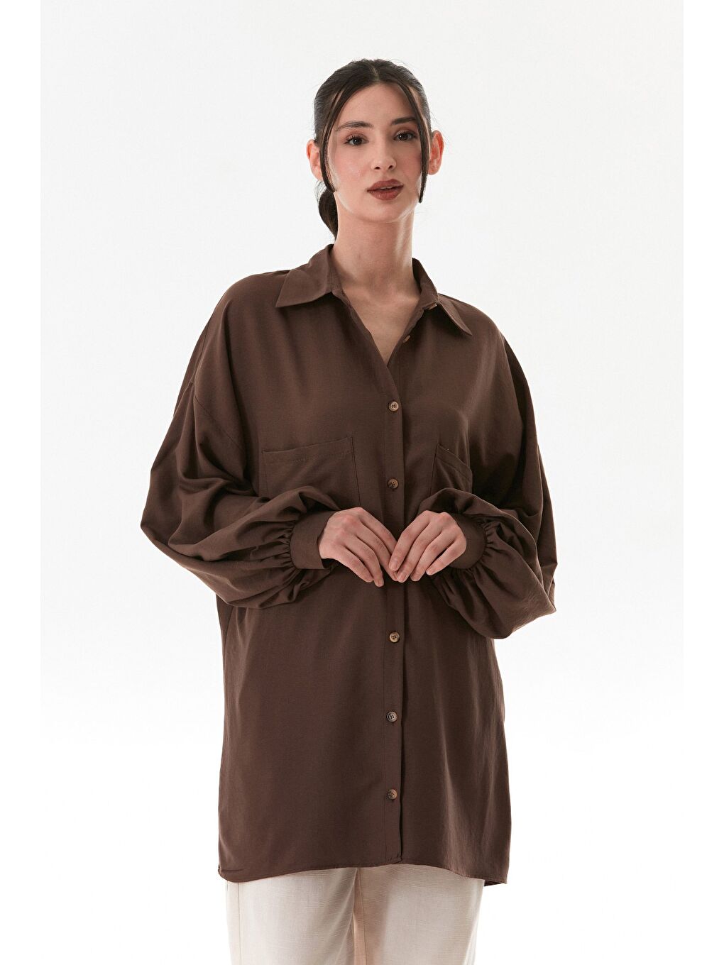 Kahverengi Fullamodest Oversize Balon Kol Gömlek-1