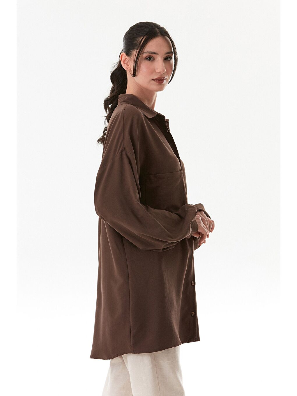 Kahverengi Fullamodest Oversize Balon Kol Gömlek-3