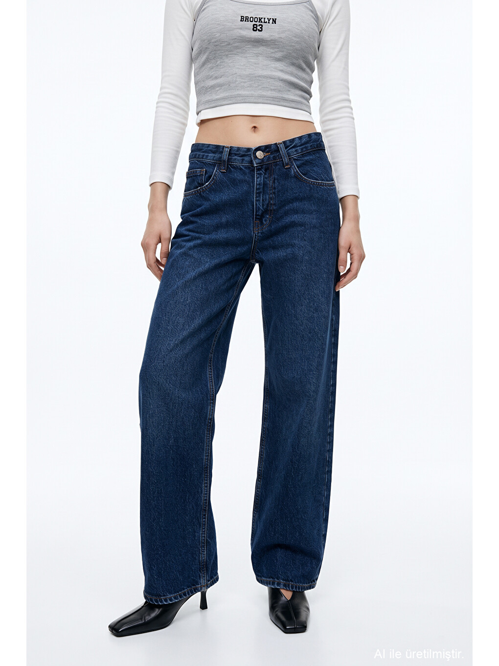 Yüksek Bel Wide Leg Jean Pantolon Lacivert-3
