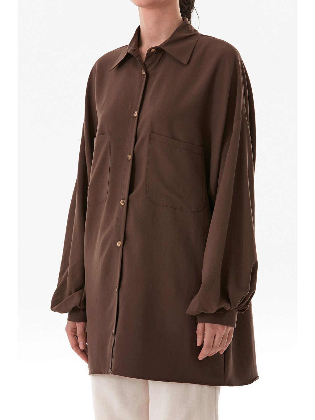 Kahverengi Fullamodest Oversize Balon Kol Gömlek-4