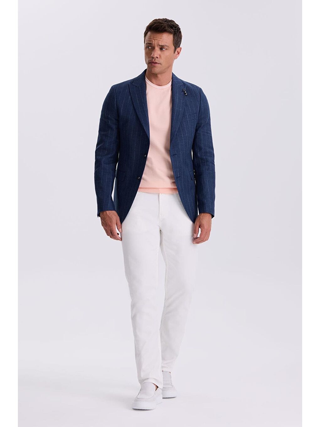 Lacivert Slim Fit Kırlangıç Yaka Çizgili Keten Pamuk Mevsimlik Ceket