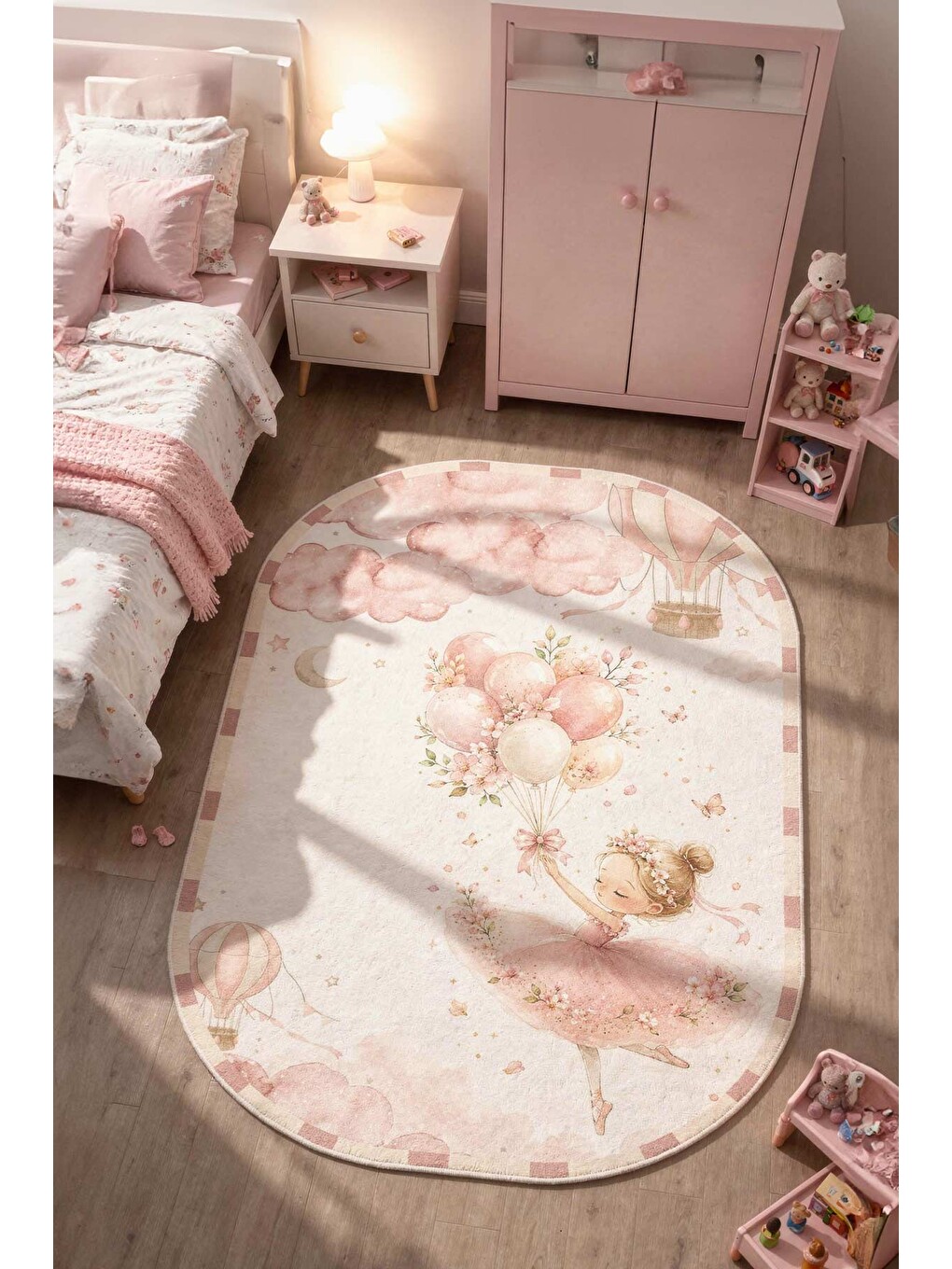 Pembe Modern Çocuk Halısı Kaymaz Tabanlı Makinede Yıkanabilir Çocuk Odası Halısı-2